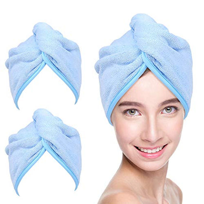 YoulerTex Microfiber Hair Towel Wrap for Women, 2 Pack 10 inch X 26 inch, Super Absorbent Quick Dry Hair Turban for Drying Curly, Long & Thick Hair (Blue)