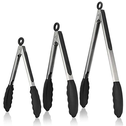 Kitchen Tongs, U-Taste 7/9/12 inches Cooking Tongs, with 480ºF High Heat-Resistant Non-Stick Silicone Tips, 18/8 Stainless Steel Handle, for Food Grill, Salad, BBQ, Frying, Serving, Pack of 3 (Black)