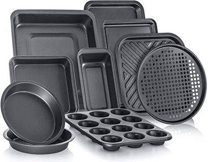 Baking Pan 10 Piece Set Nonstick Carbon Steel Gray Oven Bakeware Kitchen Set, 2 Cookie Sheets, 2 Round Cake Pans, Square Pan, Roasting Pan, Loaf Pan, Crisp Pan, Pizza Crisper, & Muffin Pan by PERLLI