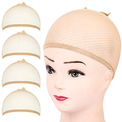 FANDAMEI Wig Cap, 4PCS Light Brown Mesh Wig Cap Net, Closed End Hair Mesh Net Wig Caps, Liner Weaving Caps for Women, Men, Kids