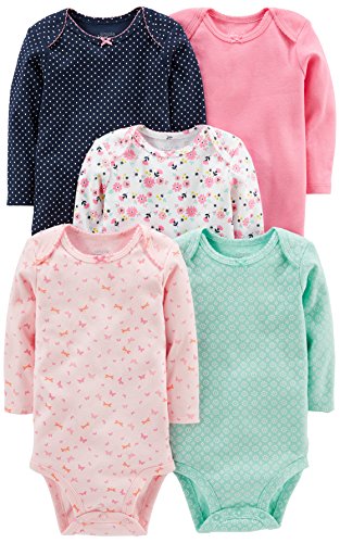 Simple Joys by Carter's Baby Girls' Long-Sleeve Bodysuit, Pack of 5, Mint Green/Navy Dots/Pink/Butterflies/Floral, 18 Months