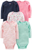 Simple Joys by Carter's Baby Girls' Long-Sleeve Bodysuit, Pack of 5, Mint Green/Navy Dots/Pink/Butterflies/Floral, 18 Months