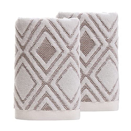 Pidada Hand Towels Set of 2 Diamond Pattern 100% Cotton Absorbent Soft Decorative Towel for Bathroom 13.4 x 29.5 Inch (Beige Brown)