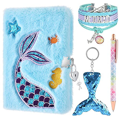 WERNNSAI Plush Mermaid Notebook Set - Glitter Diary for Kids Embroidery Patterns Journal School Travel Notepad Ballpoint Pens Key Rings Bracelets Locks Keys Birthday Christmas Gift