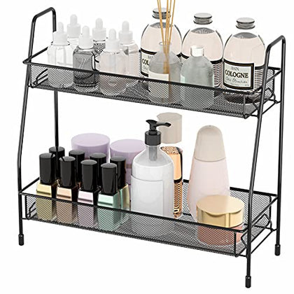 EKNITEY Spice Rack Organizer for Countertop, 2 Tier Bathroom Shelf, Desktop Makeup Organizer, Small Storage Rack for Kitchen, Bath Room, Bedroom and Office (Black)