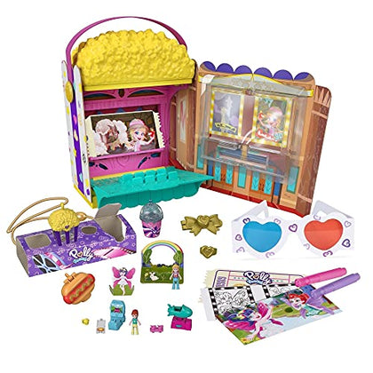 Polly Pocket Un-Box-It Playset, Popcorn Shaped Box Opens to a Movie Theater Adventure, 20 Accessories Including 2 Micro Dolls & 3 Tiny Takeaways, Great All-Occasion Gift for Ages 4 Years Old & Up