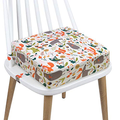 Toddler Booster Seat Dining, Cartoon Canvas Washable 2 Straps Safety Buckle Kids Booster Seat for Dining Table, Portable Travel Increasing Cushion (Animals-White)