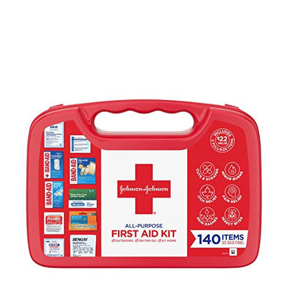 Johnson & Johnson All-Purpose Portable Compact First Aid Kit for Minor Cuts, Scrapes, Sprains & Burns, Ideal for Home, Car, Travel and Outdoor Emergencies, 140 Pieces