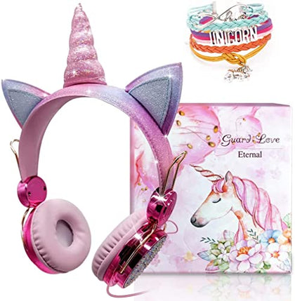 Unicorn Kids Headphones for Girls Children Teens, Wired Headphones for Kids with Adjustable Headband, 3.5mm Jack and Over On Ear Headset w/Mic for School Birthday Xmas Unicorn Gift