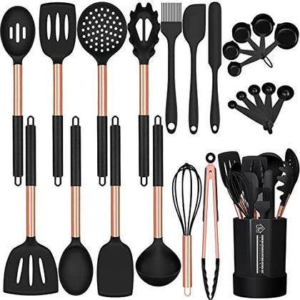 Silicone Cooking Utensil Set, Fungun 24pcs Silicone Cooking Kitchen Utensils Set, Non-stick Heat Resistant - Best Kitchen Spatulas Set with Copper Stainless Steel Handle - Black(BPA Free, Non Toxic)