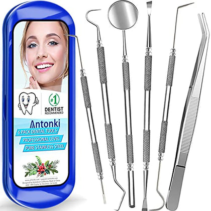 Dental Tools To Remove Plaque and Tartar, Professional Teeth Cleaning Tools, Stainless Steel Dental Hygiene Oral Care Kit with Plaque Remover, Tartar Scraper, Tooth Scaler, Dental Pick - with Case