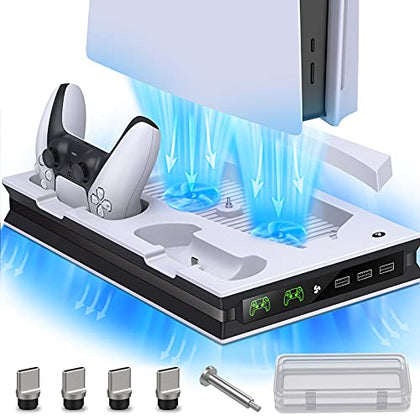 PS5 Accessories PS5 Stand for Digital/Disc Console, PS5 Cooling Station Incl. 3 Level Cooling Fan, 3 USB Hub, Headset Holder, Media Slot, Dual Playsation 5 Controller Charging Station for Dua-Sense