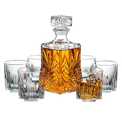 Paksh Novelty Whiskey Decanter Set - 7-Piece Italian Crafted Glass Decanter & Whiskey Glasses Set - Holiday Whiskey Gifts for Men and Women w/ Ornate Stopper and 6 Cocktail Glasses, Red