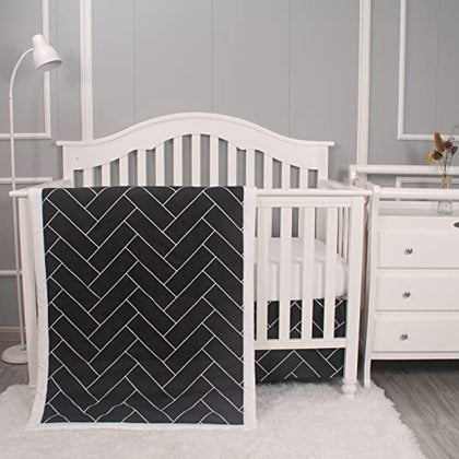 Belsden 3 Piece Crib Bedding Set for Baby Boys Girls, Classic Nursery Bedding Essential Including Comforter, Crib Sheet and Crib Skirt, Ultra Soft Cozy, Geometry Black White