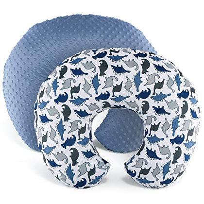 The Peanutshell Nursing Pillow Cover Set for Baby Boys or Girls | Dinosaur & Navy Blue Minky Dot | Unisex 2 Pack