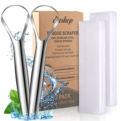 Tongue Scraper (2 Pack), Wide-head Tongue Cleaner with Nice Carrying Box, Easkep 100% Stainless Steel Tongue Scrapers Cleaners, for Men, Women, Adults, Kids?Silver