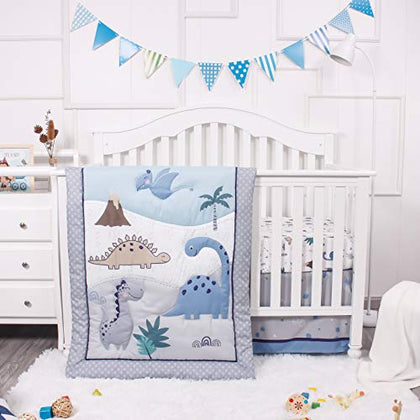 La Premura Dinosaur Baby Nursery Crib Bedding Set - Dinosaur 3 Piece Standard Size Crib Set, Grey/Blue - Unisex Nursey Bedding and Neutral Decor