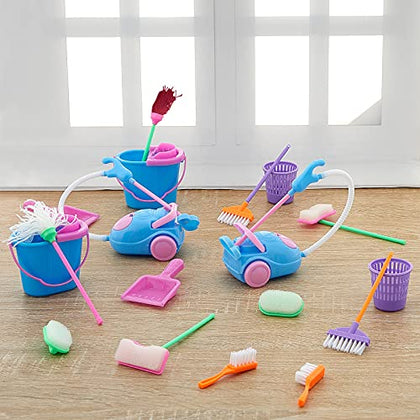 Vinsot 18 Pieces/ 2 Sets Miniature Dollhouse Cleaning Toy, Dustpan Dolls Mop Dust Pan, Brush, Broom, Bucket Housework Cute Cleaning Furniture Tools Kit Pretend Play Decoration Doll House Accessories