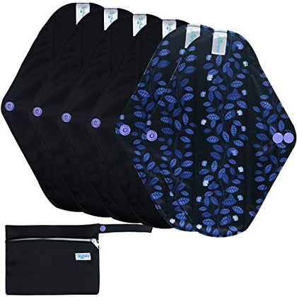 Leekalos Reusable Menstrual Pads - Bamboo Menstrual Cloth Pads | Light Incontinence Pads | Reusable Sanitary Pads - Pack of 6, 1 Cloth Mini Wet Bag (Small, Black Flower)