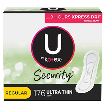 U by Kotex Clean & Secure Ultra Thin Pads, Regular Absorbency, 176 Count (4 Packs of 44) (Packaging May Vary)