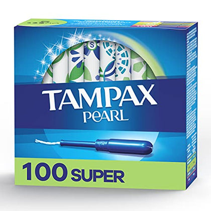 Tampax Pearl Tampons Super Absorbency,With Leakguard Braid, Unscented, 50 Count x 2 Packs (100 Count total)