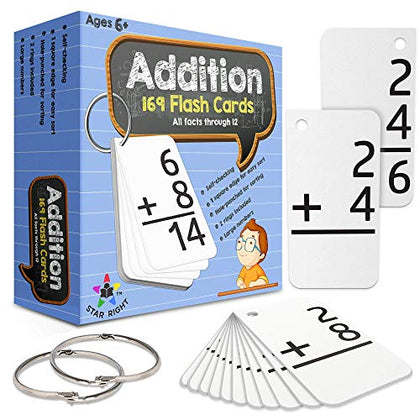 Star Right Education Addition Flash Cards, 0-12 (All Facts, 169 Cards) with 2 Rings - Addition Flashcards