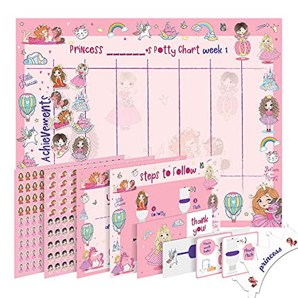 Potty Training Chart for Toddler, Girls, Sticker Chart for Kids Potty Training, 4 Week Reward Chart, Certificate, Instruction Booklet & More, Reward Sticker Chart Kids Toilet Training -Princess Design