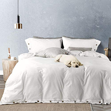 JELLYMONI Cal King Size Pure White 100% Washed Cotton Duvet Cover Set, 3 Pieces Luxury Soft Bedding Set with Buttons Closure Solid Color Pattern Duvet Cover(No Comforter)