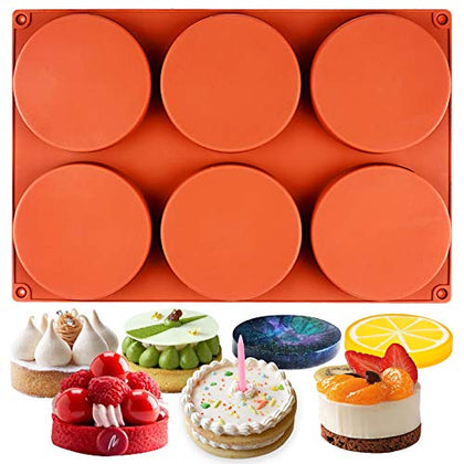 FUNSHOWCASE Round Disc Baking Silicone Mold 6-Cavity, 4inch, Circle Epoxy Resin Tray, Chocolate Cake Pie Custard Tart Muffin Sandwiches Eggs Bakeware, Soap Concrete Cement Plaster Pan