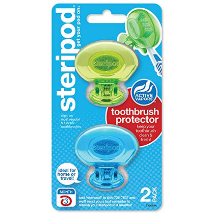 Steripod Clip-On Toothbrush Protector, Green and Blue, 2 Count