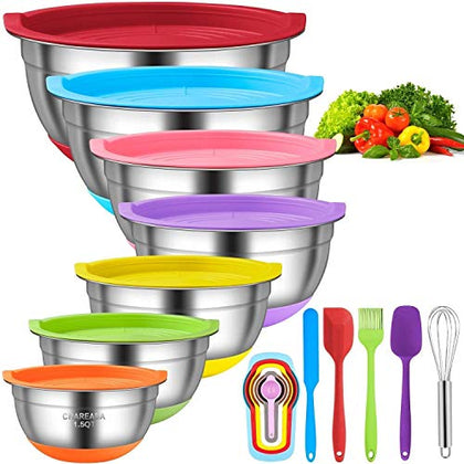 CHAREADA Mixing Bowls with Airtight Lids, 18pcs Stainless Steel Nesting Colorful Mixing Bowls Set Non-slip Silicone Bottom, Size 7, 5.5, 4, 3.5, 2.5, 2, 1.5 qt, Fit for Mixing & Serving