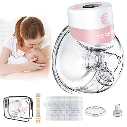 TSRETE Breast Pump, Wearable Breast Pump, Electric Hands-Free Breast Pumps with 2 Modes, 9 Levels, LCD Display, Memory Function Rechargeable Single Milk Extractor-24mm Flange, Pink