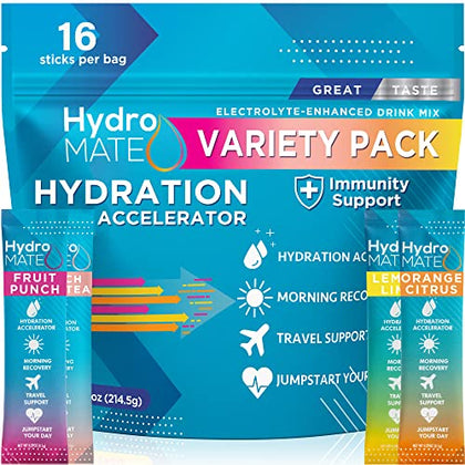 HydroMATE Electrolytes Powder Packets Low Carb Hydration Accelerator Drink Mix Party Relief Plus Vitamin C Variety Pack 16 Sticks