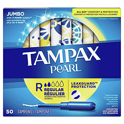 Tampax Pearl Tampons with Plastic Applicator, Regular Absorbency, 50 Count, Pack of 4 (200 Count Total)