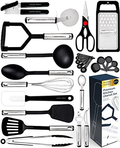 Home Hero Kitchen Utensils Set - Cooking Utensils Set with Spatula - First Home Essentials Utensil Sets - Household Essentials - Kitchen Gadgets & Kitchen Tool Gift (25 Pcs Set - Black)