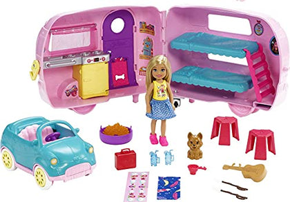 Barbie Club Chelsea Toy Car & Camper Playset, Blonde Chelsea Small Doll, Puppy & 10+ Accessories, Unhitch & Open for Campsite