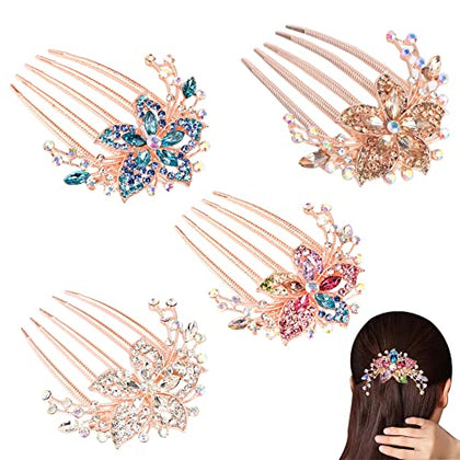 KuuGuu Flower Bridal Combs, Floral Side Combs Crystal Rhinestones Wedding Hair Accessories for Women, 4 PCS