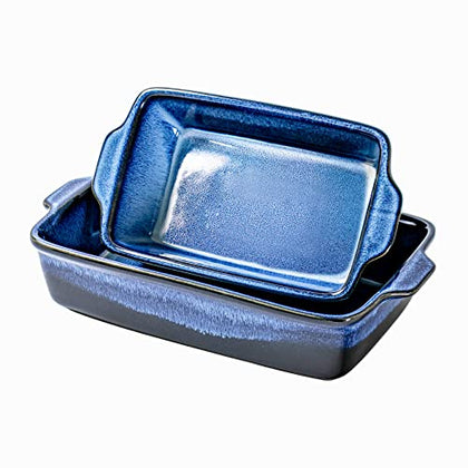 UNICASA Casserole Baking Dish Set - Ceramic Lasagna Loaf Pans, Oven Safe Rectangular Bakerware Set with Handle for Kitchen Cooking, Bread, Brownies, Banquet and Dinner 11 x 7'' - 2 Piece, Blue