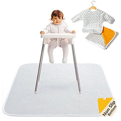 2-in-1 Waterproof Baby Splat Mat for Under High Chair (51 x 51) with Toddler Smock and Weaning Ebook - Large Non-Slip Infant High Chair Mat Food Catcher Protects Floor from Mealtime Messes