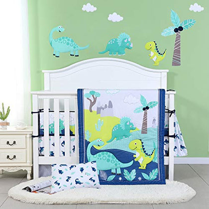 JISEN 3 Piece Crib Bedding Set Crib Quilt Crib Sheet Pillowcase - Soft Microfiber Printed Dinosaur Nursery Set for Baby Boys or Girls