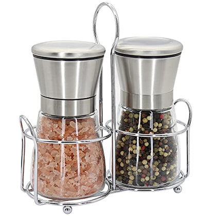 Premium Stainless Steel Salt and Pepper Grinder Set - Short Glass Shaker, Pepper Mill & Salt Mill with Adjustable Coarseness, Refillable for Himalayan or Sea Salt, Black Peppercorn, with Bonus Stand