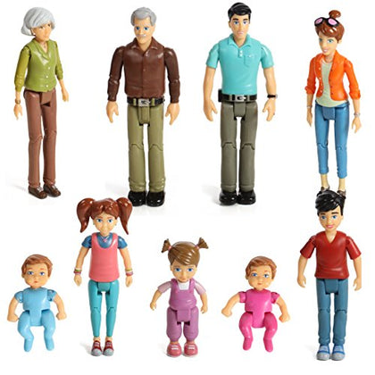 Sweet Li'l Family Dollhouse People Set of 9 Action Figure Set - Grandpa, Grandma, Mom, Dad, Sister, Brother, Toddler, Twin Boy & Girl