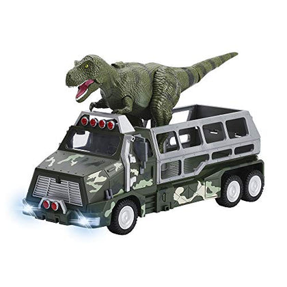 BUILD ME Dinosaur Transport Truck Toy Die-Cast Jurassic World Transporter Jungle Truck and 9 Inch Tall Tyrannosaurs Rex Dinosaur Toy. Fun Dinosaur Playset