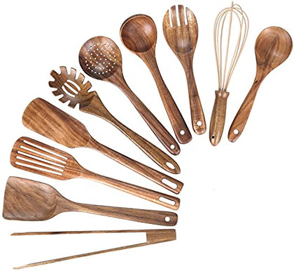 Wooden Kitchen Utensils Nonstick Kitchen Utensils Natural Teak Wood Utensils for Kitchen Kitchen Utensils Wooden Kitchen Utensils with Spatula and Ladle (10)