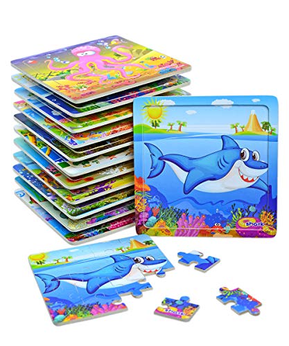 Vileafy 12Pack Wooden Jigsaw Puzzles Party Favors for Kids Age 4-8 Years Old, Sea Animals Small Toddler Puzzles - Gifts and Travel Puzzles 20 Pieces Per Puzzle with Organza Bags