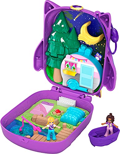 Polly Pocket Playset, Travel Toy with 2 Micro Dolls, Toy Boat & Surprise Accessories, Pocket World Owlnite Campsite Compact