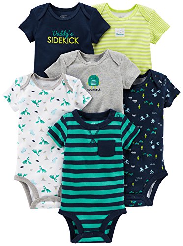 Simple Joys by Carter's Baby Boys' Short-Sleeve Bodysuit, Pack of 6, Multicolor/Cars/Dinosaur/Stripe, 6-9 Months