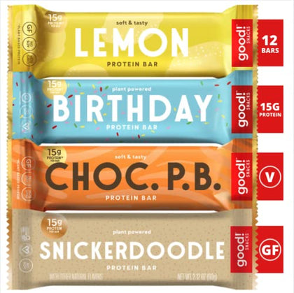 good! Snacks Vegan 4 Flavor Variety Pack Protein Bars | Gluten Free, Plant Based, Low Sugar, Kosher, Soy Free, Non GMO | 15g Protein (10 Bars)