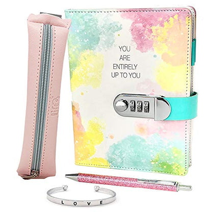 Life is a Doodle Diary with Lock for Girls ages 8-12 - Kids Journals for Writing, Self-Expression & Creativity- Notebook Journal with Lock Includes Leather Journal Notebook, Combination Lock, Sleek Pencil Pouch, Bracelet & Pink Journals Writing Pen