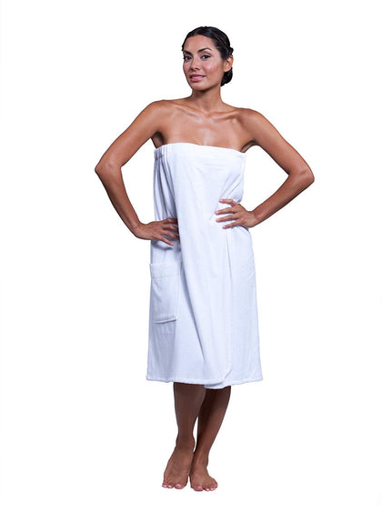 Boca Terry Womens Spa Wrap - 100% Cotton Spa, Shower, Bath and Gym Towel w Snaps, Towel Wrap for Women, White, Medium/Large